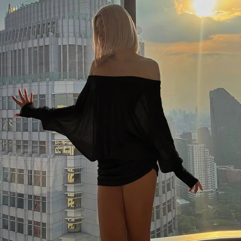Off-shoulder sheer long-sleeved mini dress