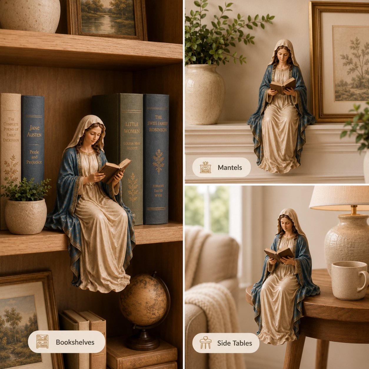 A serene statue of the Virgin Mary reading.