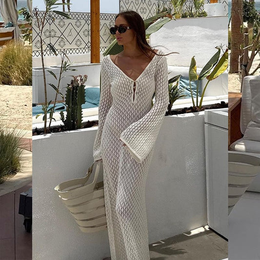 Naotstore - Crochet Fishtail Flare Sleeve Maxi Dress