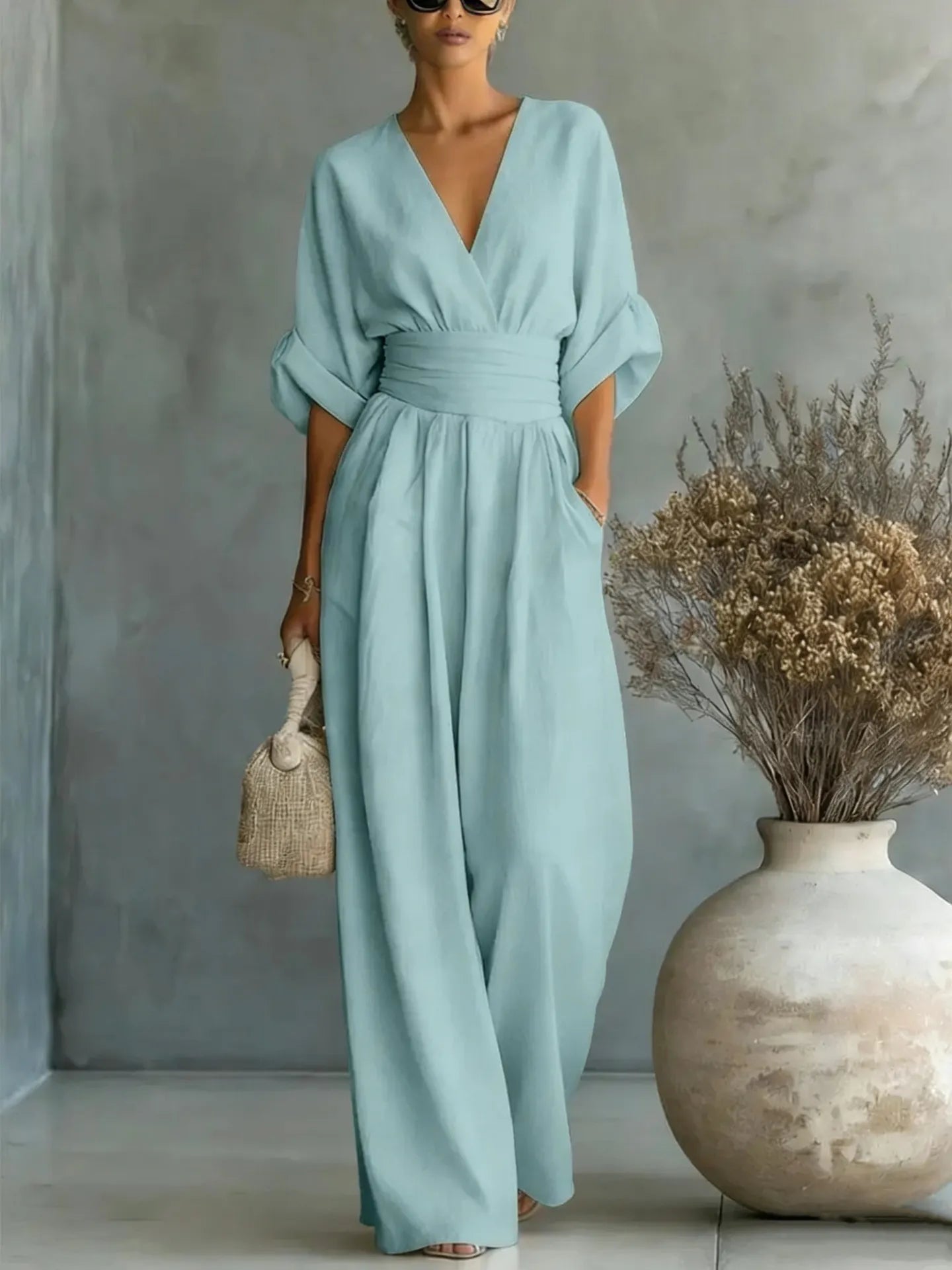 👠👠Hot sale Women's Solid-Color Elegant V-Neck Jumpsuit with Waist-Defining Fit