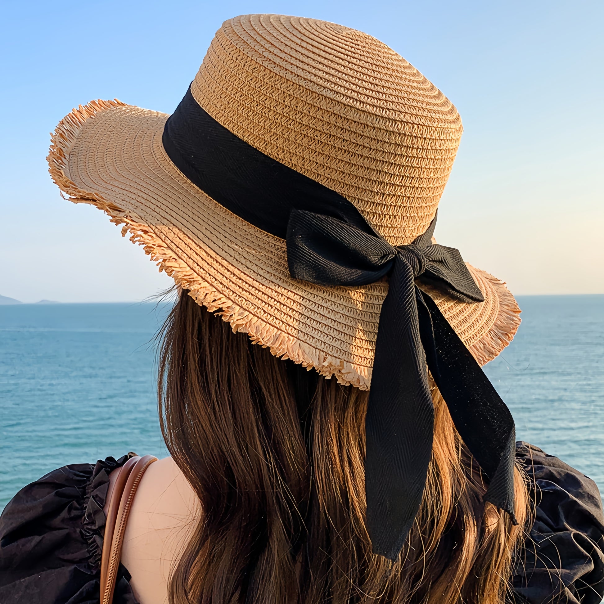 Fashionable seaside vacation beach ribbon bow sun hat - naotstore