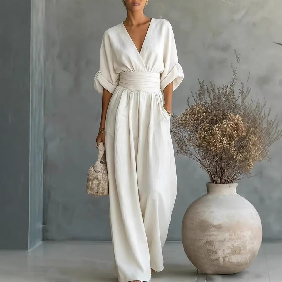 👠👠Hot sale Women's Solid-Color Elegant V-Neck Jumpsuit with Waist-Defining Fit