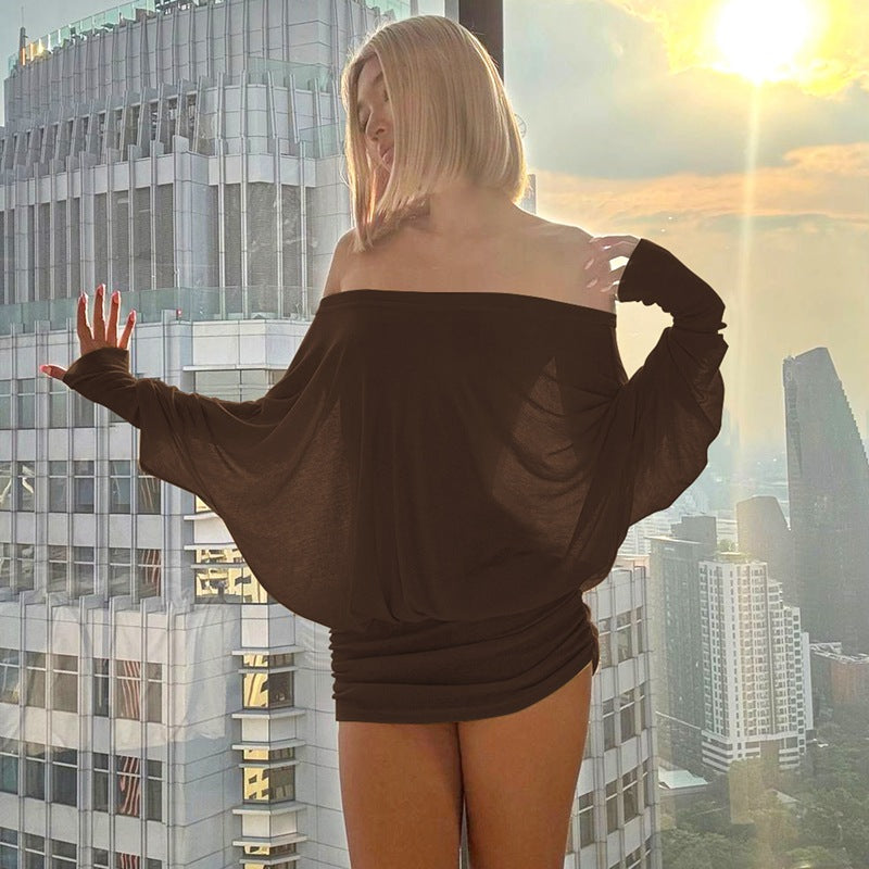 Off-shoulder sheer long-sleeved mini dress