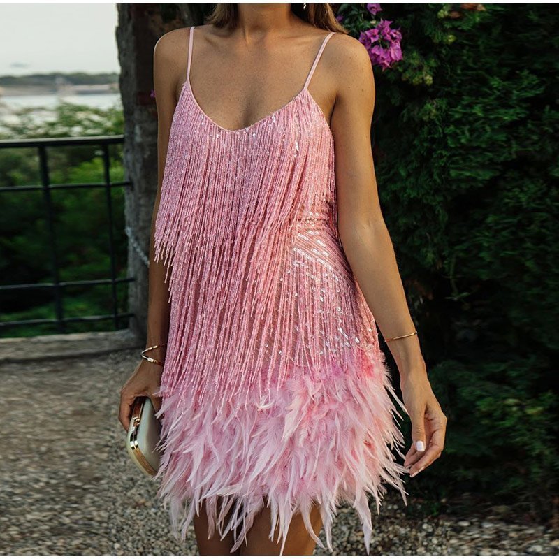 💥This month's hottest items - Women's Feather Fringe Sequin Spaghetti Strap Dress - naotstore