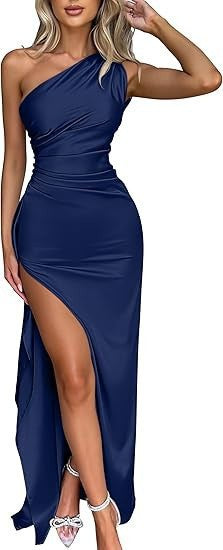 👗Elegant High Slit Satin One Shoulder Formal Evening Dress Women