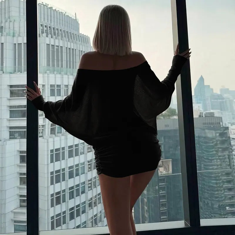 Off-shoulder sheer long-sleeved mini dress