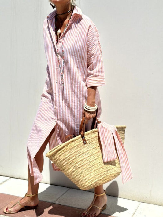 Naotstore - Classic Striped Lace-Up Shirt Dress