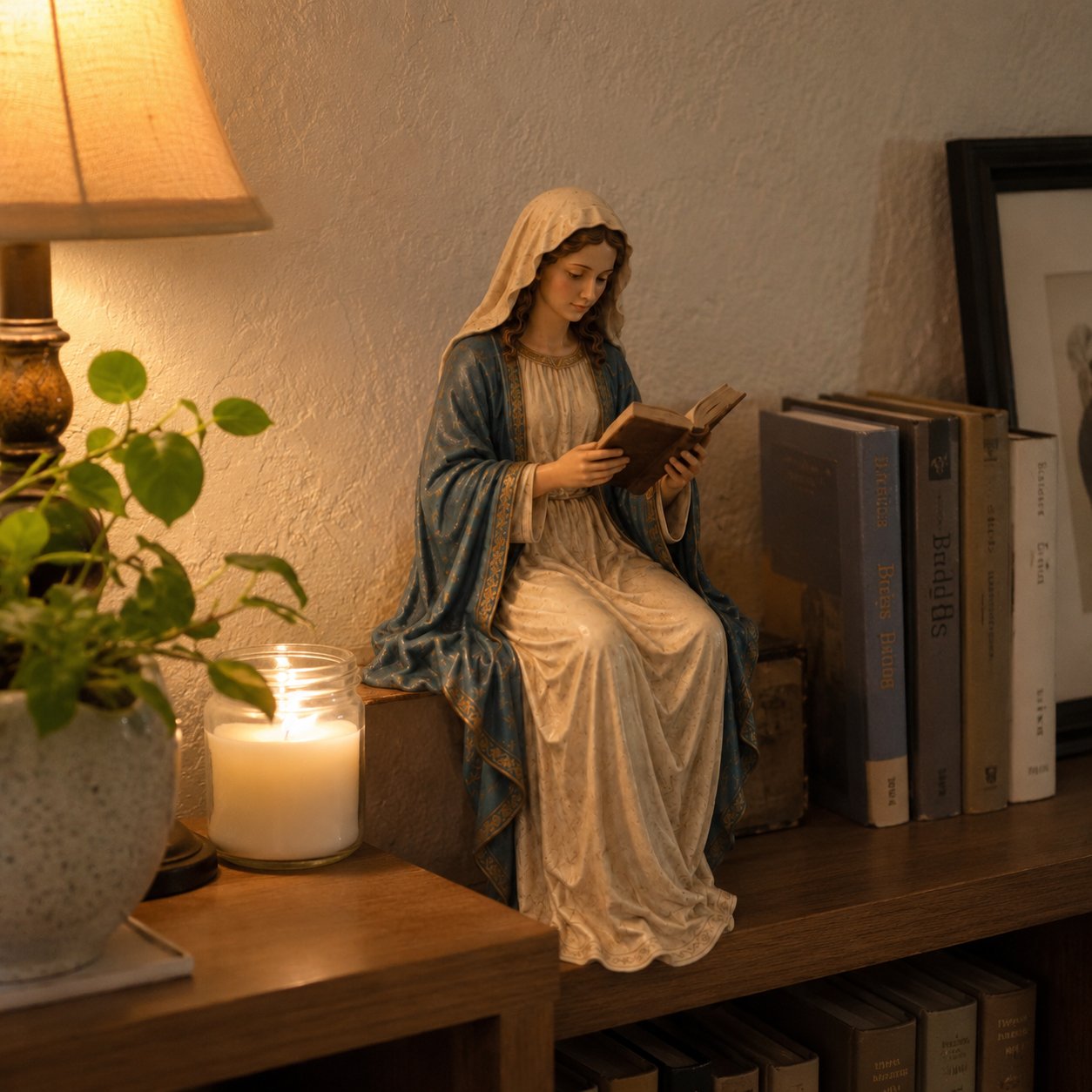 A serene statue of the Virgin Mary reading.