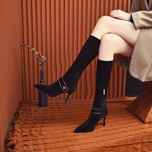 Naotstore - Knitted Long Lointed Toe Stiletto Boots