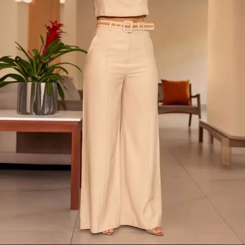 Solid Color Slim Fit Sleeveless Crew Neck Top and High Waist Pocket Wide Leg Pants Set - naotstore