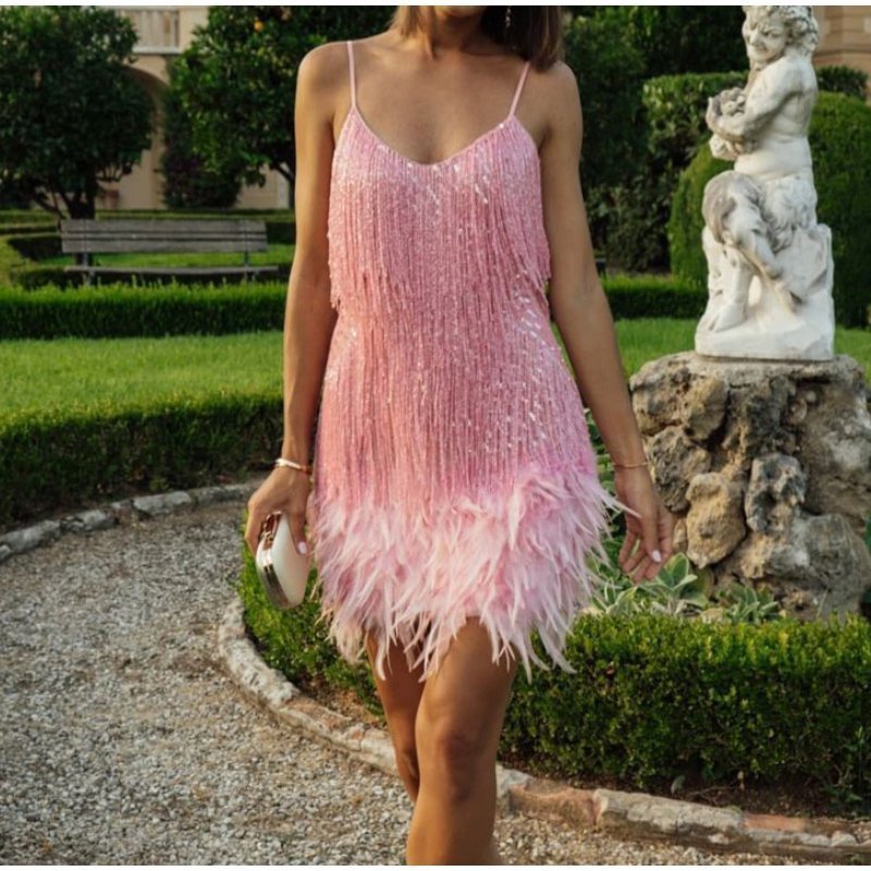 💥This month's hottest items - Women's Feather Fringe Sequin Spaghetti Strap Dress - naotstore