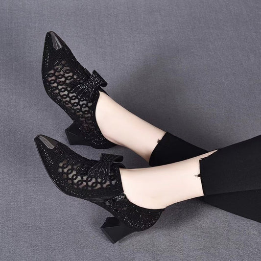 Rhinestone hollow chunky heel shoes and new belt buckle solid color plus size women's sandals
