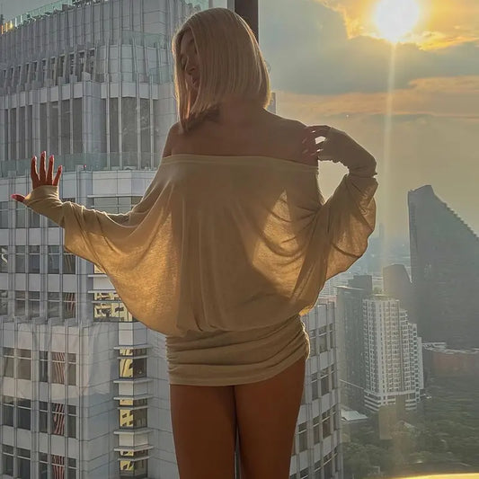 Off-shoulder sheer long-sleeved mini dress
