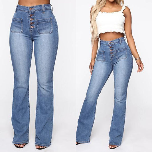 Naotstore - Button Fly Booty Shaping High Waist Flare Jeans