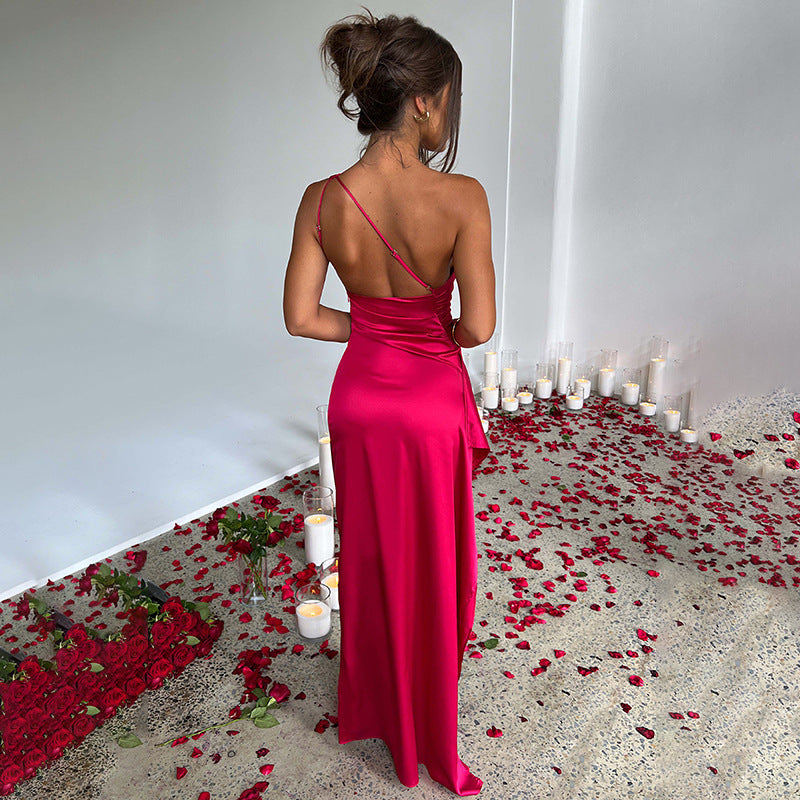 👗Elegant High Slit Satin One Shoulder Formal Evening Dress Women