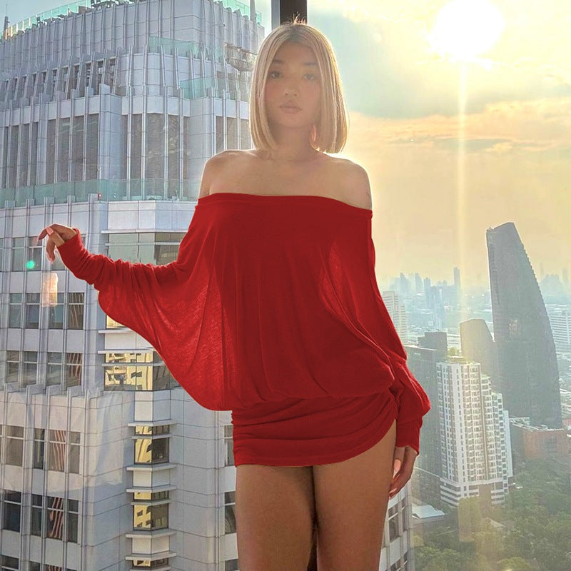 Off-shoulder sheer long-sleeved mini dress