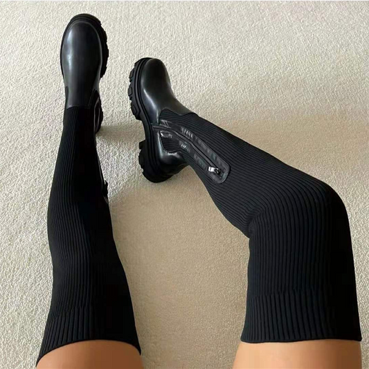 Naotstore - Ribbed Knit Platform Thigh High Boots