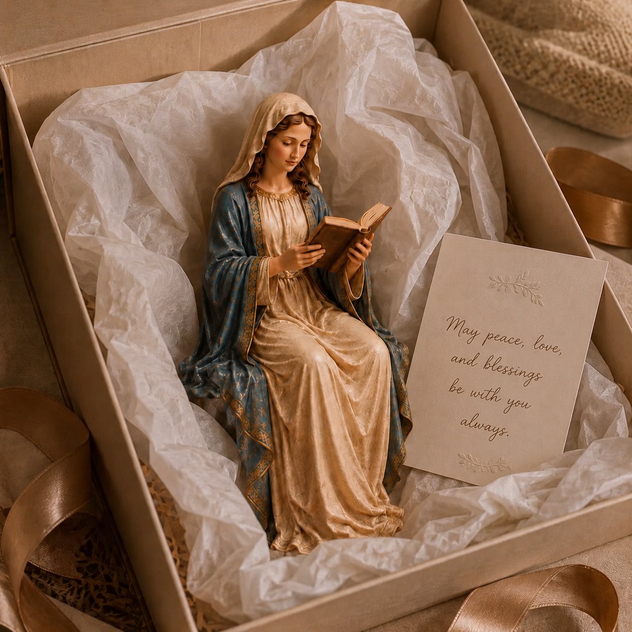 A serene statue of the Virgin Mary reading.