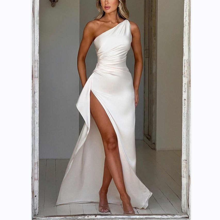 👗Elegant High Slit Satin One Shoulder Formal Evening Dress Women