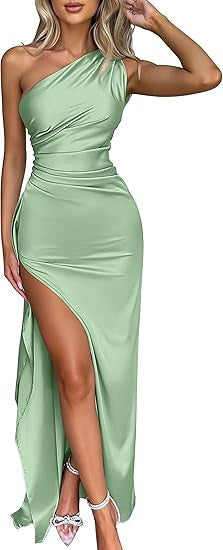 👗Elegant High Slit Satin One Shoulder Formal Evening Dress Women