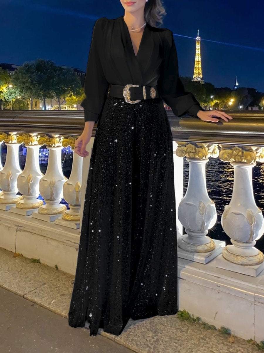 💥Hottest items of the year - Stylish V-Neck Long Sleeve Shirt & Sequin Wide Leg Pants Two Piece Set - naotstore